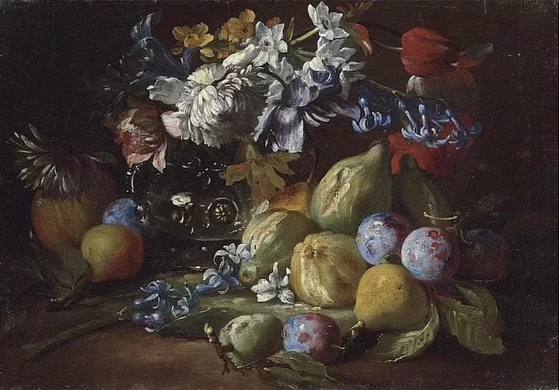 Natura morta di un cocomero, ciliegie, pesche, albicocche, prugne, melograni e fichi, gigli, rose, gloria mattutina su un rilievo in pietra d'acanto